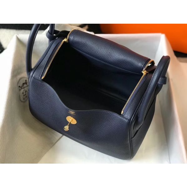 HERM Lindy 30cm Bag In Navy Blue Clemence Leather GHW