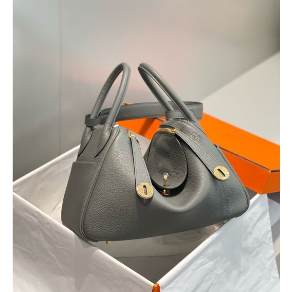 HERM Lindy 30cm Bag In Gris Meyer Clemence Leather GHW