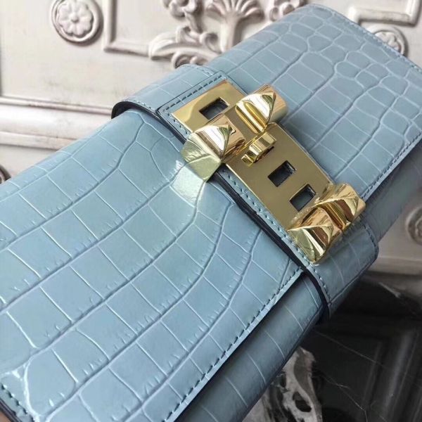 HERM Medor Clutch Bag In Ciel Crocodile Leather