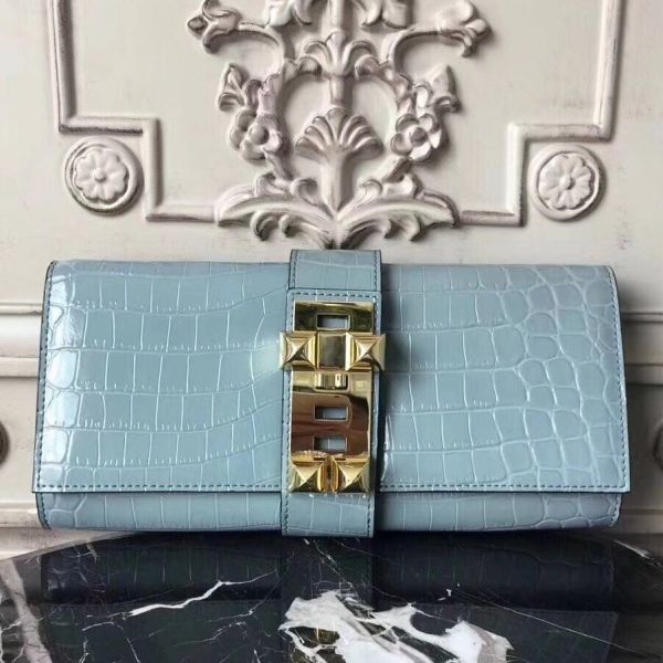HERM Medor Clutch Bag In Ciel Crocodile Leather