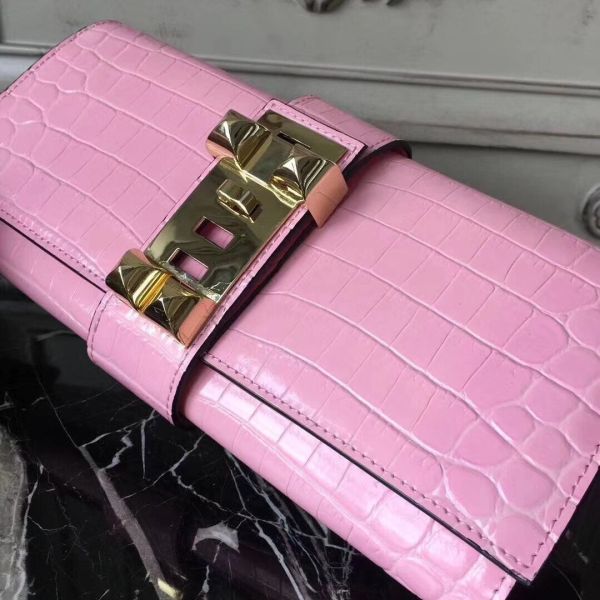 HERM Medor Clutch Bag In Pink Crocodile Leather