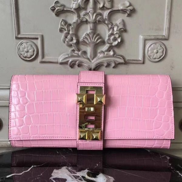 HERM Medor Clutch Bag In Pink Crocodile Leather