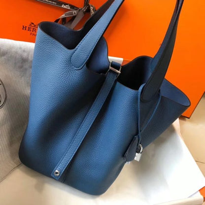 HERM Picotin Lock 22 Bag In Blue Agate Clemence Leather