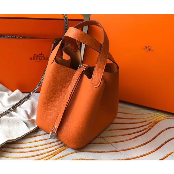 HERM Picotin Lock 22 Bag In Orange Clemence Leather