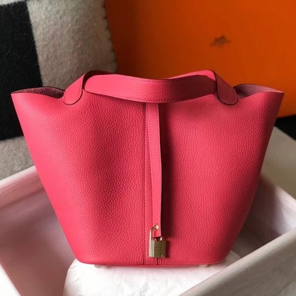 HERM Picotin Lock 22 Bag In Rose Lipstick Clemence Leather
