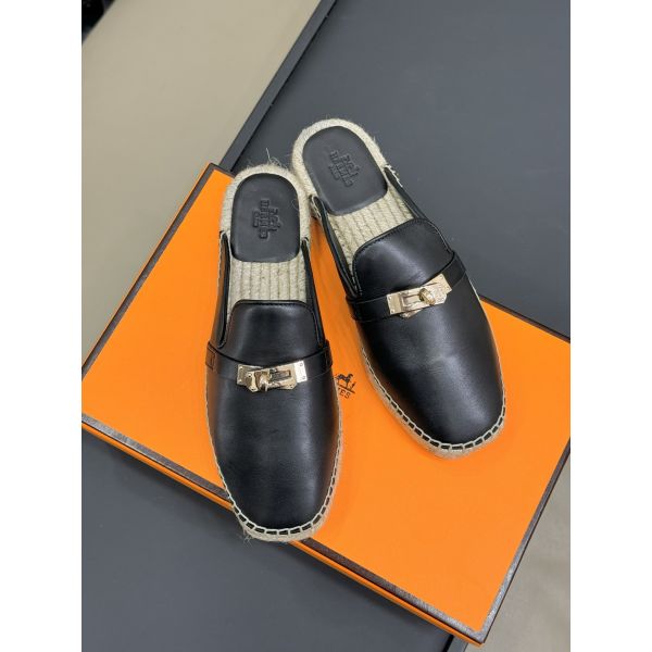 HERM Feria Espadrille Mules in Black Leather