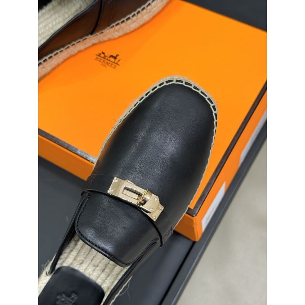 HERM Feria Espadrille Mules in Black Leather