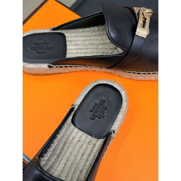 HERM Feria Espadrille Mules in Black Leather
