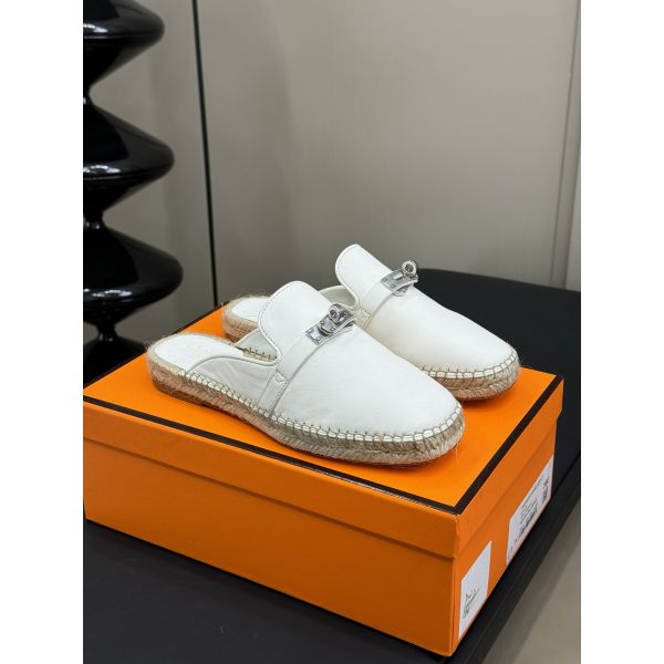 HERM Feria Espadrille Mules in White Leather