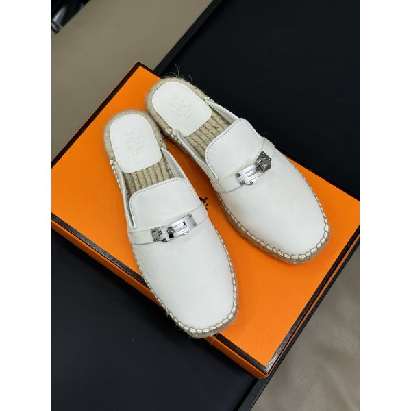 HERM Feria Espadrille Mules in White Leather