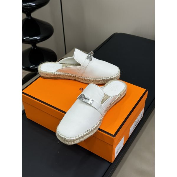 HERM Feria Espadrille Mules in White Leather