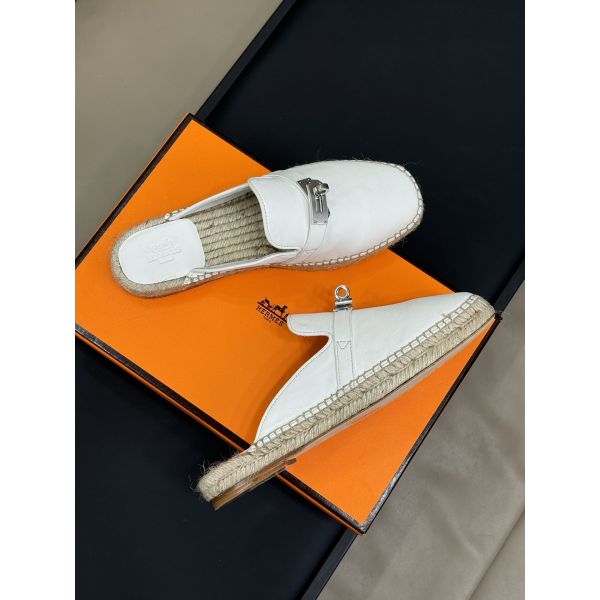 HERM Feria Espadrille Mules in White Leather