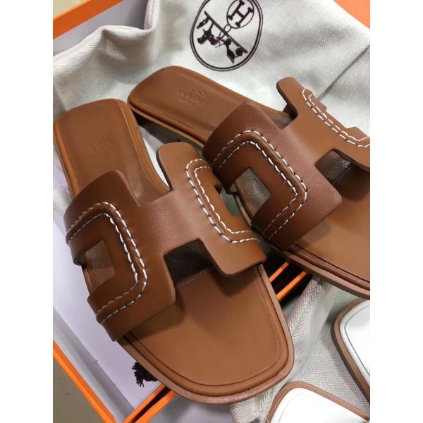 HERM Oran Sandals In Brown Leather With Stitched Detail