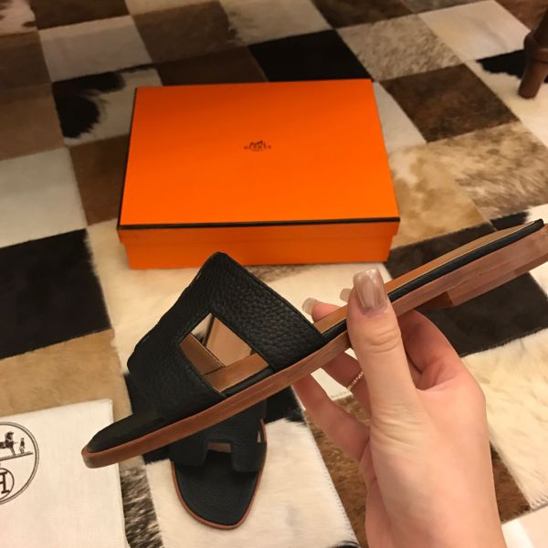 HERM Oran Slide Sandals In Black Clemence Leather