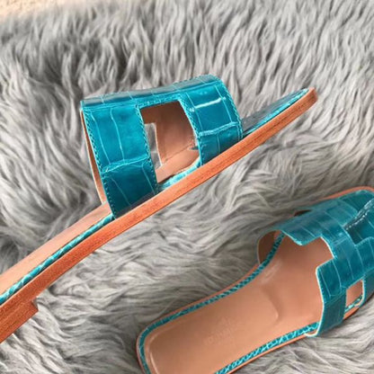 HERM Oran Sandals In Blue Paon Shiny Niloticus Crocodile