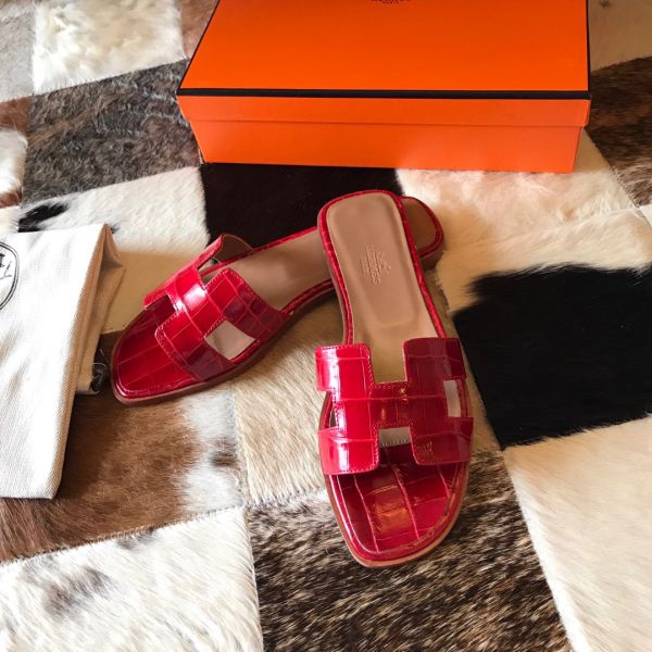 HERM Oran Slide Sandals In Red Shiny Niloticus Crocodile Skin