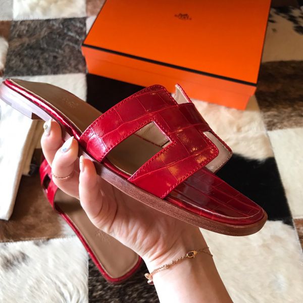 HERM Oran Slide Sandals In Red Shiny Niloticus Crocodile Skin