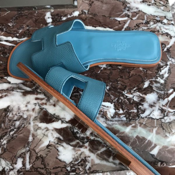 HERM Oran Slide Sandals In Blue du Nord Epsom Calfskin