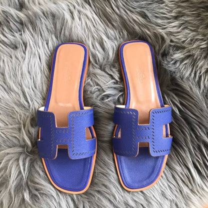 HERM Oran Slide Sandals In Blue Epsom Perforated Calfskin
