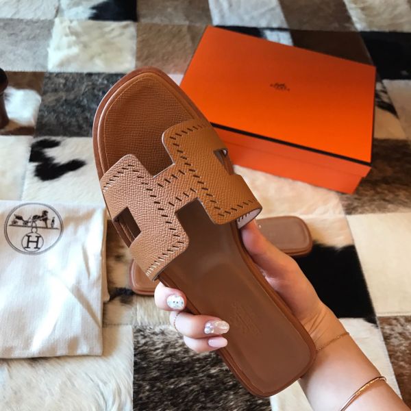HERM Oran Slide Sandals In Gold Epsom Perforated Calfskin