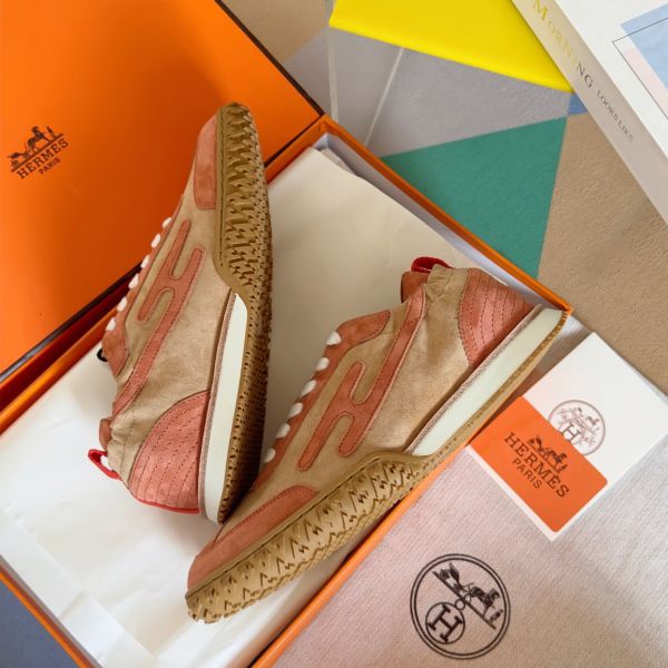 HERM Men's Jet Sneakers in Beige/Orange Suede Leather