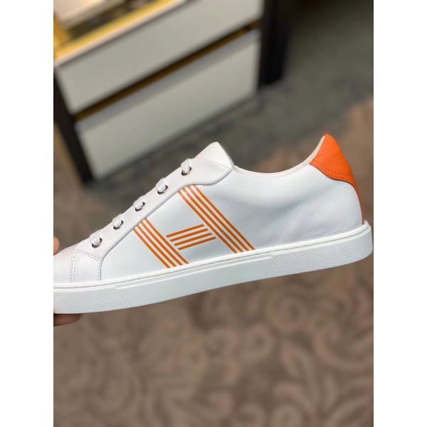 HERM Men's Avantage Sneakers In White/Orange Calfskin