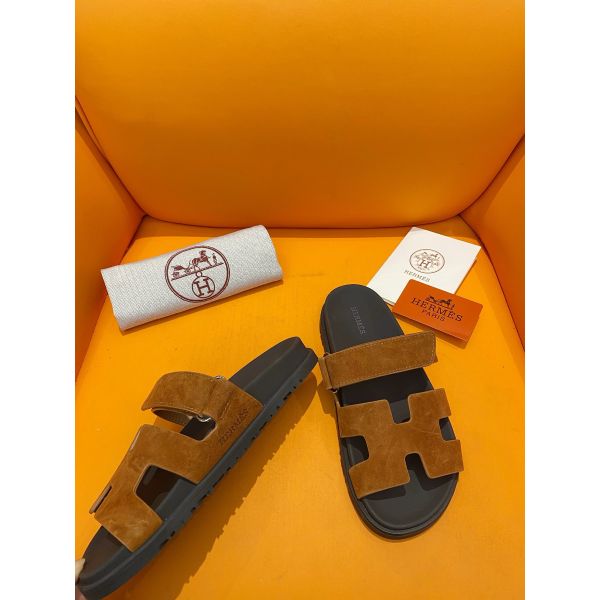 HERM Men's Chypre Sandals in Brown Suede Calfskin