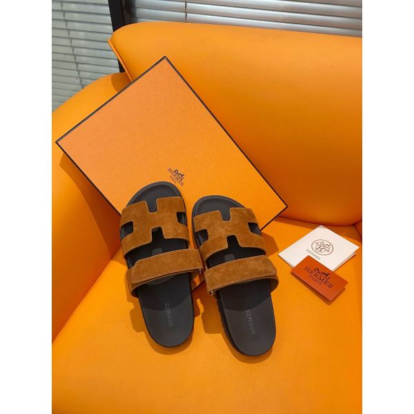 HERM Men's Chypre Sandals in Brown Suede Calfskin