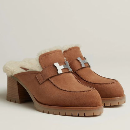 HERM Flore 60 Mules in Brown Suede with Shearling