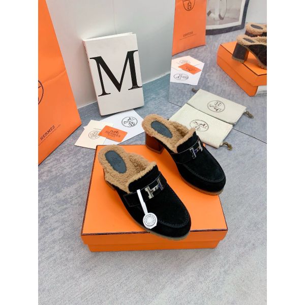 HERM Flore 60 Mules in Black Suede with Shearling