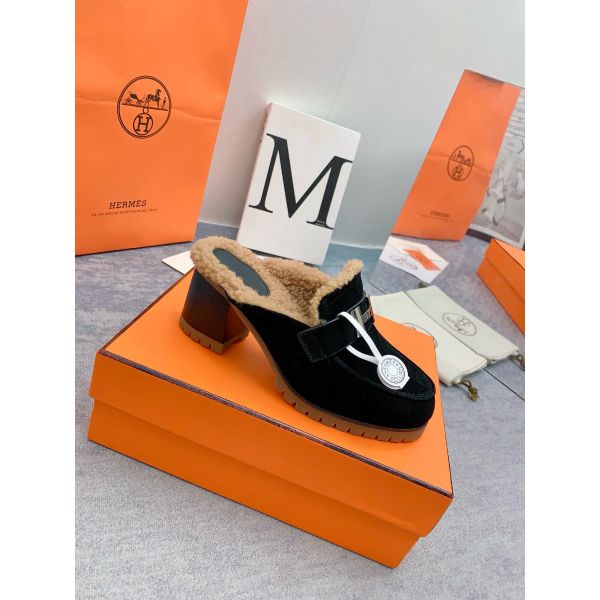 HERM Flore 60 Mules in Black Suede with Shearling