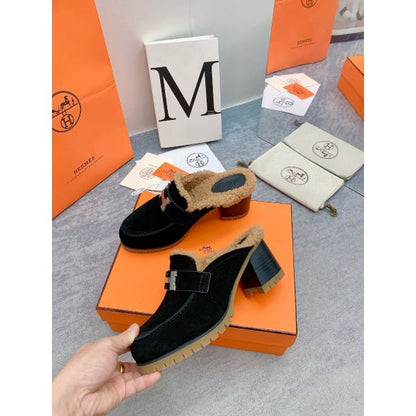 HERM Flore 60 Mules in Black Suede with Shearling
