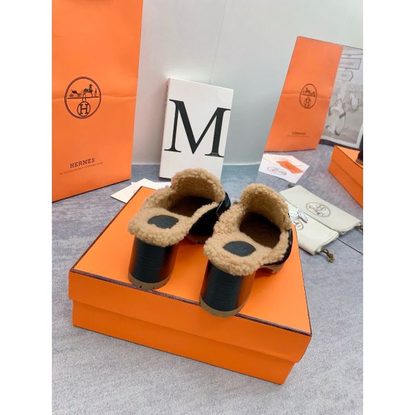 HERM Flore 60 Mules in Black Suede with Shearling
