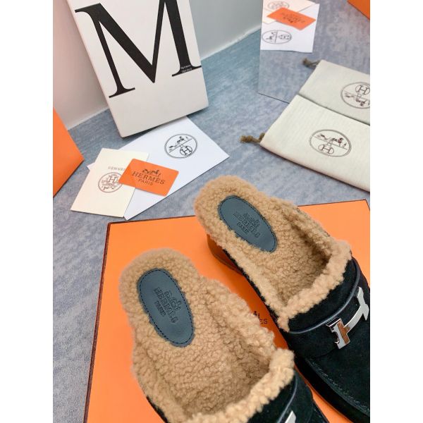 HERM Flore 60 Mules in Black Suede with Shearling