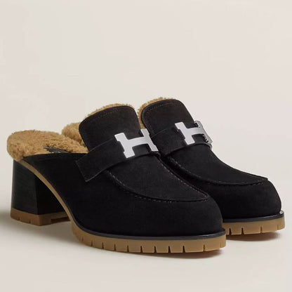 HERM Flore 60 Mules in Black Suede with Shearling