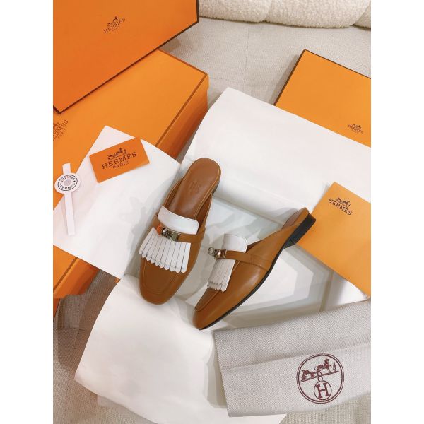HERM Women's Oz Mules with Fringed in Brown/White Leather