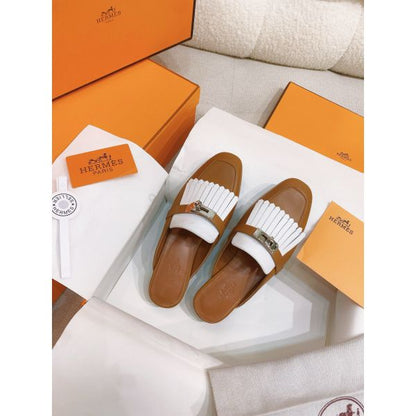HERM Women's Oz Mules with Fringed in Brown/White Leather