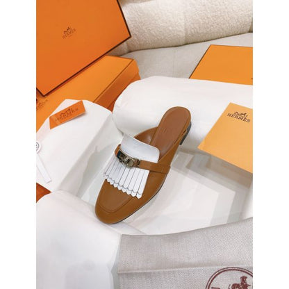 HERM Women's Oz Mules with Fringed in Brown/White Leather