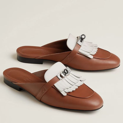HERM Women's Oz Mules with Fringed in Brown/White Leather