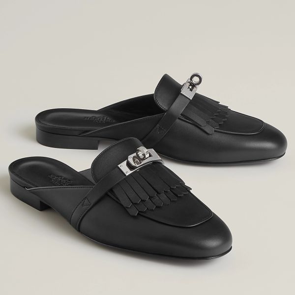 HERM Women's Oz Mules with Fringed in Black Leather