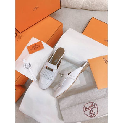 HERM Women's Oz Mules with Fringed in White Leather