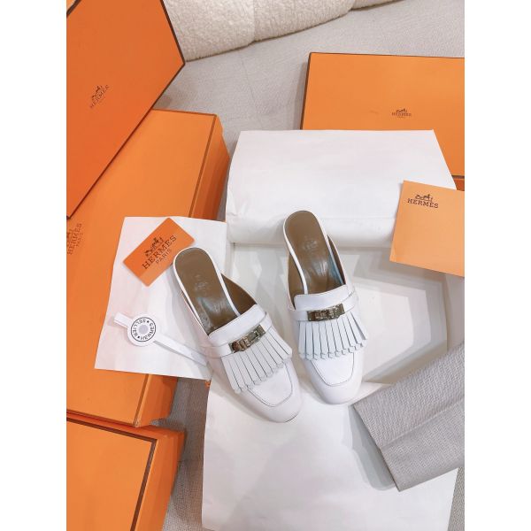 HERM Women's Oz Mules with Fringed in White Leather