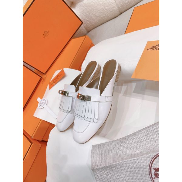 HERM Women's Oz Mules with Fringed in White Leather