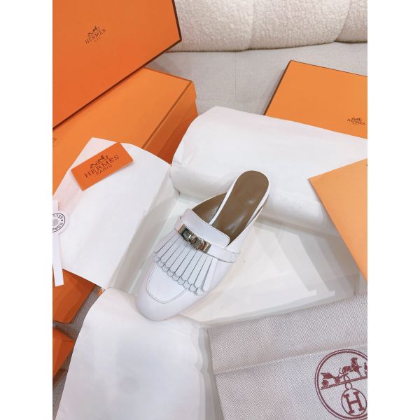 HERM Women's Oz Mules with Fringed in White Leather