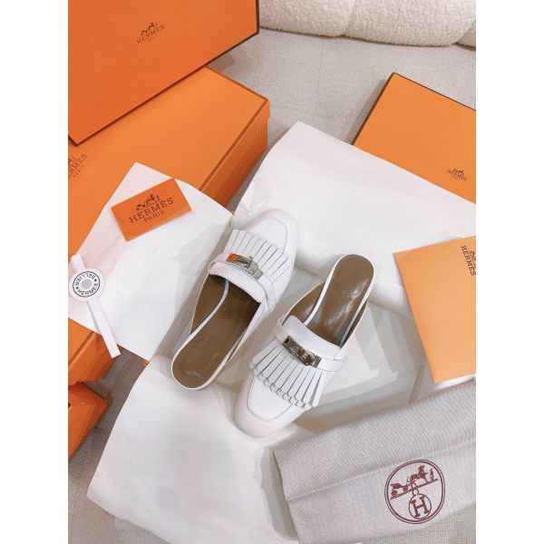 HERM Women's Oz Mules with Fringed in White Leather