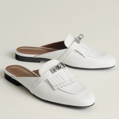 HERM Women's Oz Mules with Fringed in White Leather