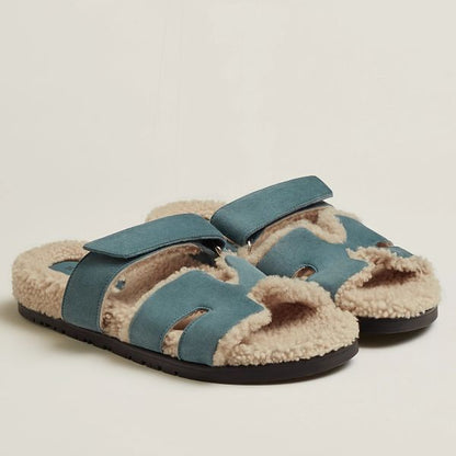 HERM Women's Chypre Sandals in Blue Suede with Shearling