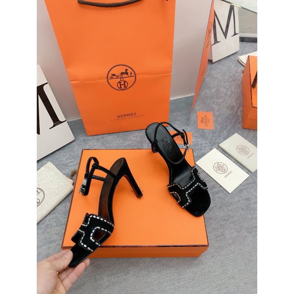 HERM Heden 80 Sandals in Black Suede Leather with Rhinestone