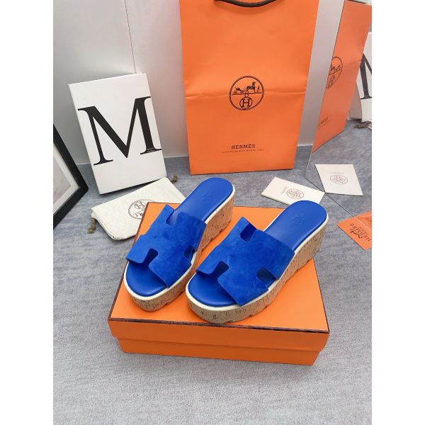 HERM Eze 30 Cork Platform Sandals in Blue Suede Leather