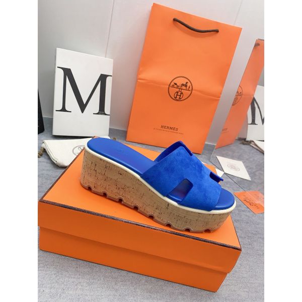 HERM Eze 30 Cork Platform Sandals in Blue Suede Leather